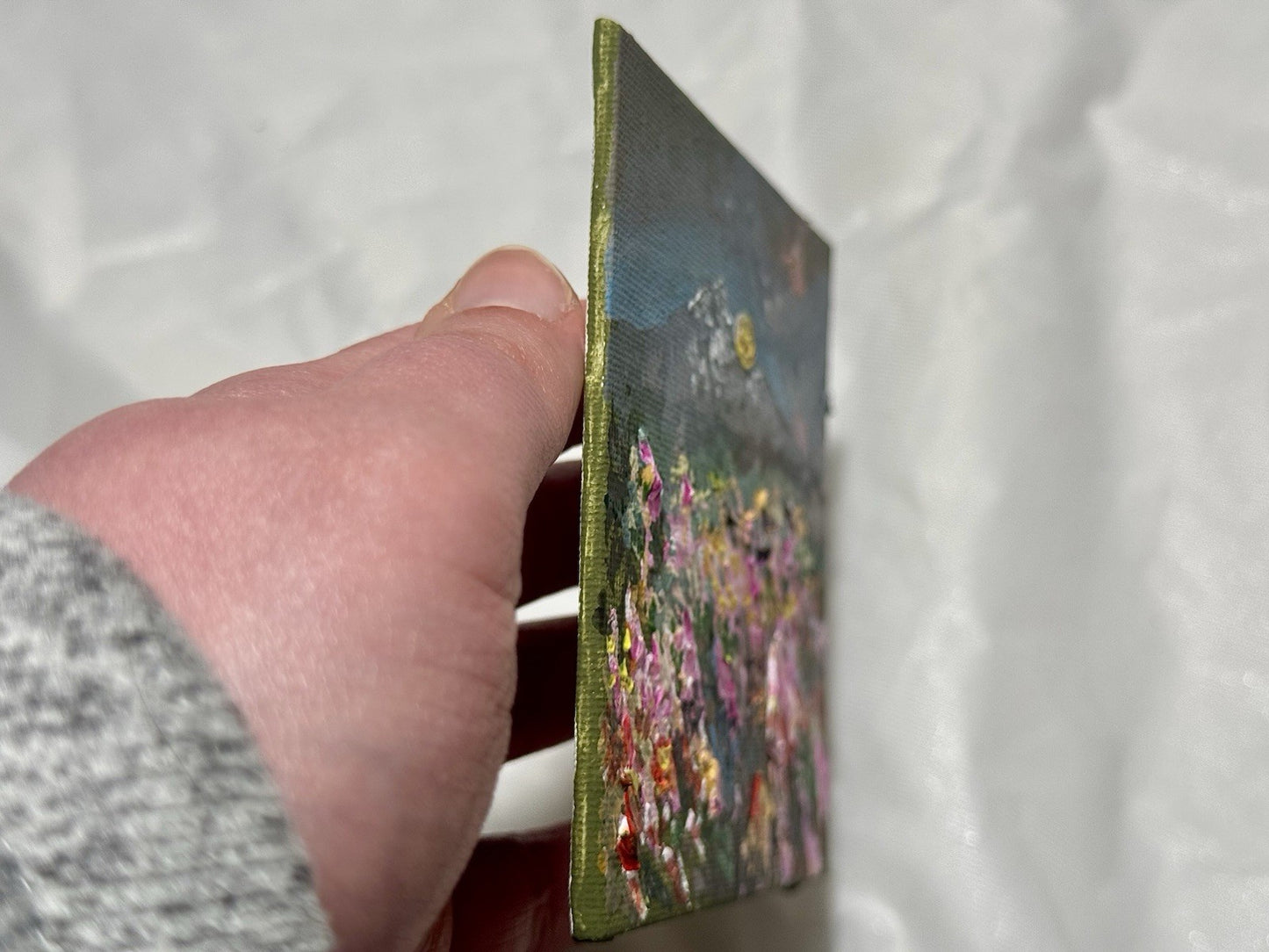 Wildflower field Original art Landscape Mountain NH floral Acrylic Painting 4x4”
