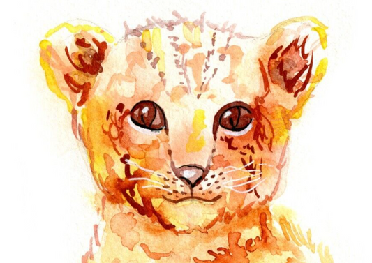 Lion painting ORIGINAL art Small cub WATERCOLOR Animal wall art 5x7"