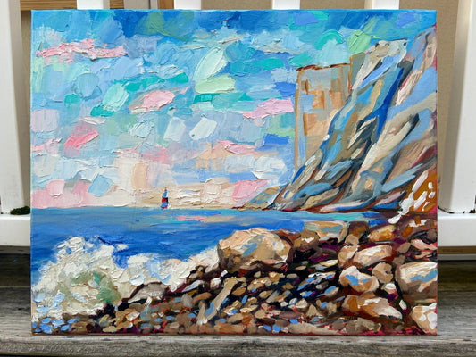 Oil painting ORIGINAL art Lighthouse Seascape ocean wave beach mountain 16x20"
