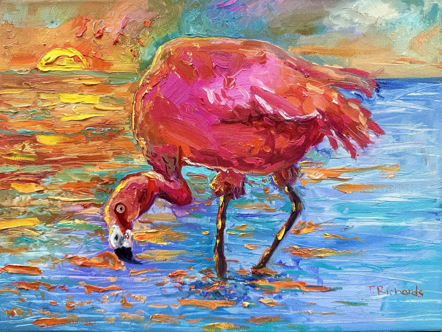 Oil painting ORIGINAL art Flamingo Sunset Ocean landscape Seascape Signed 12x16"