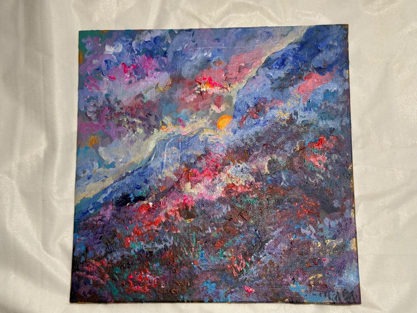 Acrylic painting ORIGINAL art Landscape Sunrise wildflower field Mountain 8x8”