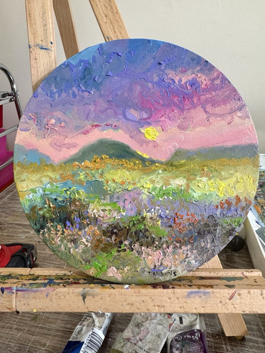 ORIGINAL art oil painting Floral meadow Flower field Mountain Sunset Round 8x8"