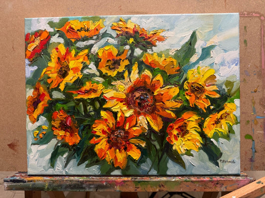 Oil painting ORIGINAL art Sunflower Flower Bouquet floral artwork signed 12x16"
