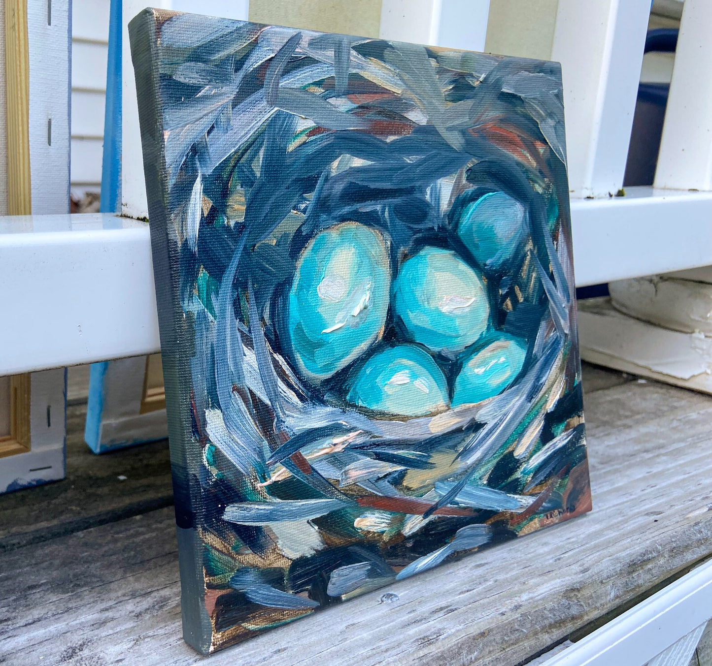 Oil painting ORIGINAL art Eggs blue jay nest artwork small wall art 8x8"