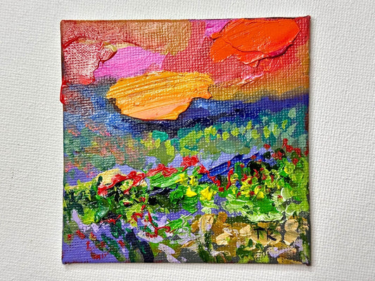 ORIGINAL oil painting Landscape artwork Meadow field wildflower Sunset art 3x3”