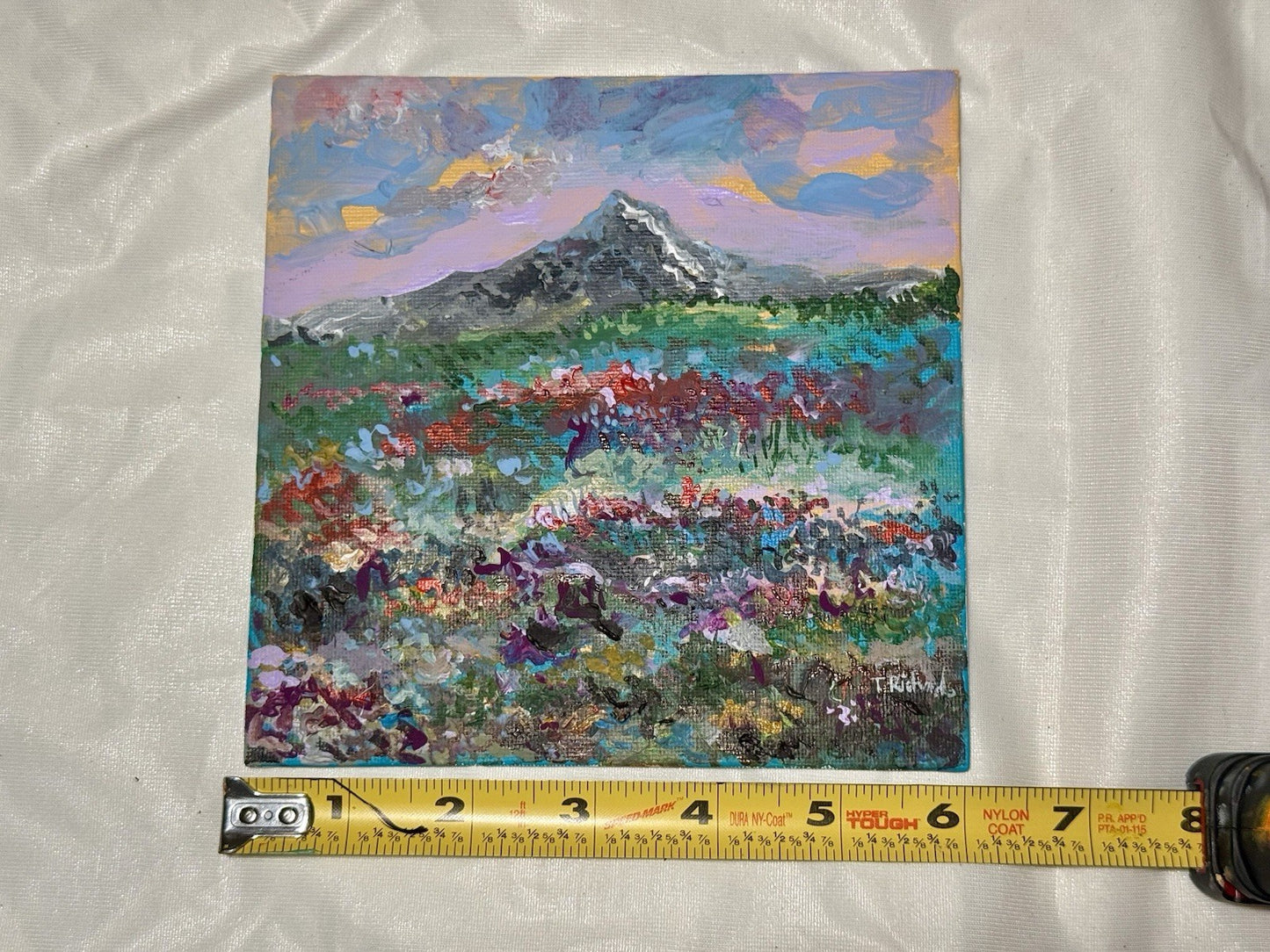 Acrylic painting ORIGINAL art Landscape sunset Mountain wildflower field 6x6