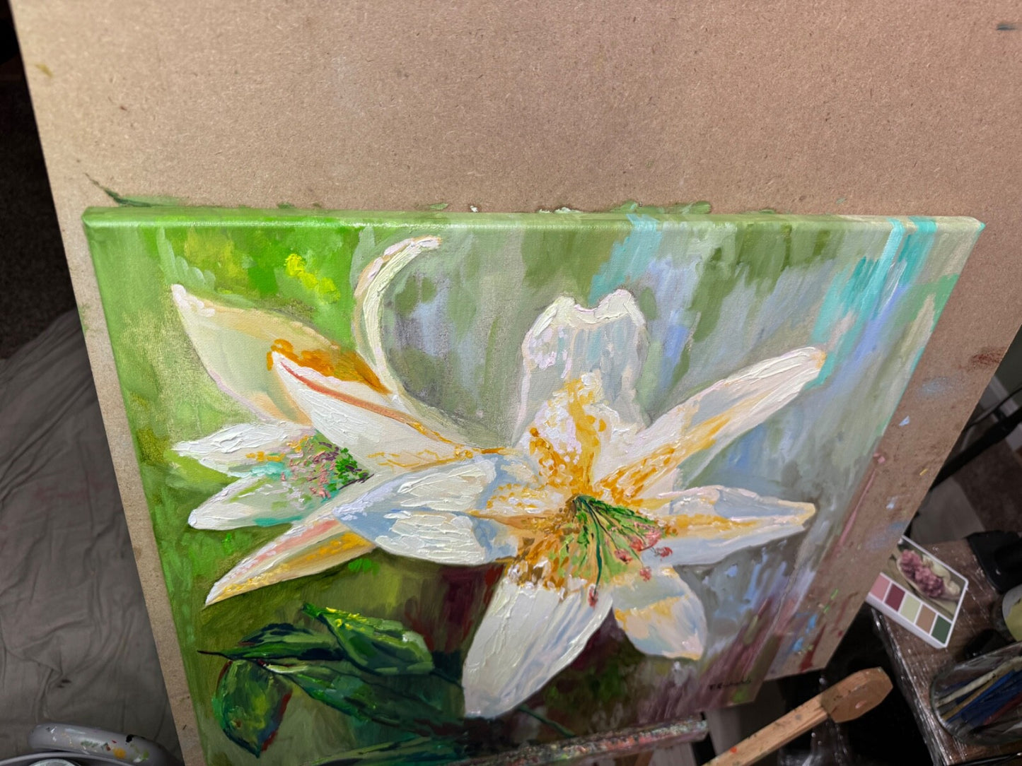 ORIGINAL oil painting White lily Flower wall art Lilies floral artwork 20x20"