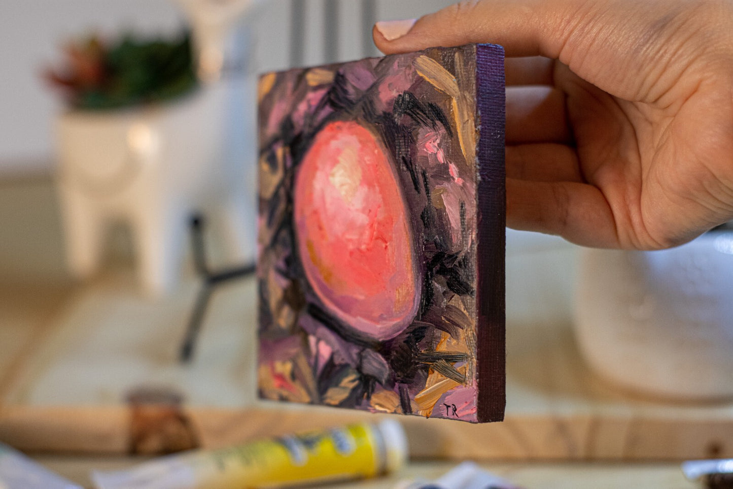 Oil painting on canvas ORIGINAL art Pink egg in nest Easter egg artwork 4x4"