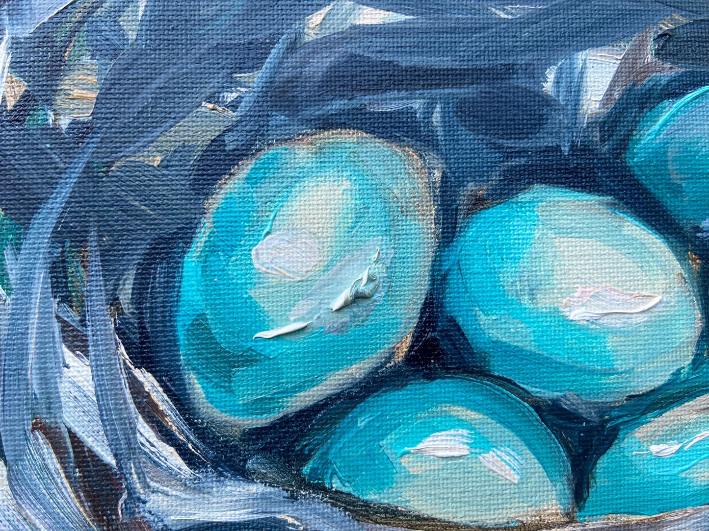 Oil painting ORIGINAL art Eggs blue jay nest artwork small wall art 8x8"