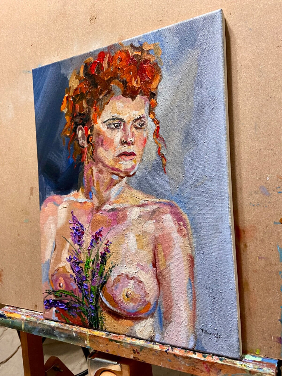 ORIGINAL art oil painting Woman redhead naked floral flower Nude artwork 12x16"