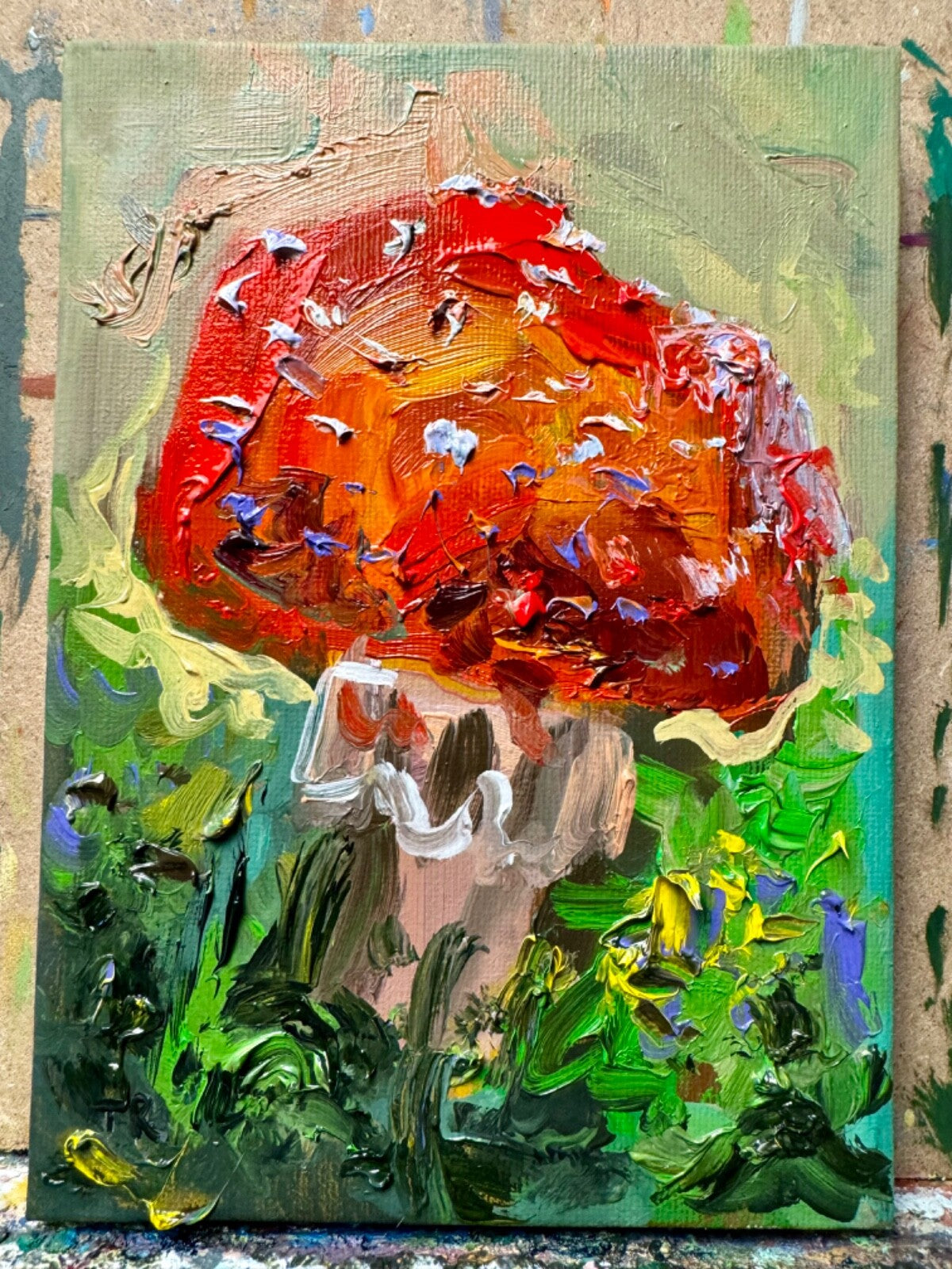 Red mushroom Oil painting ORIGINAL art Fly agaric Amanita forest artwork 5x7