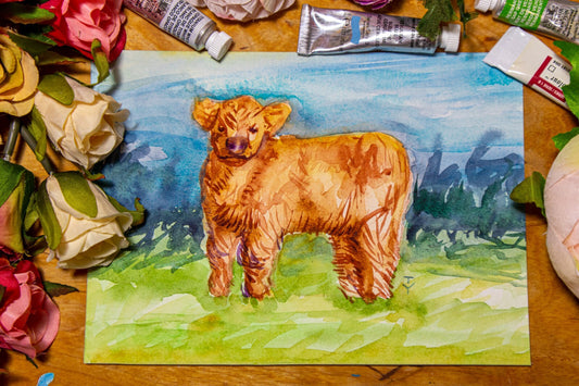 WATERCOLOR painting ORIGINAL art Cow calf pet Animal wall art 5x7"