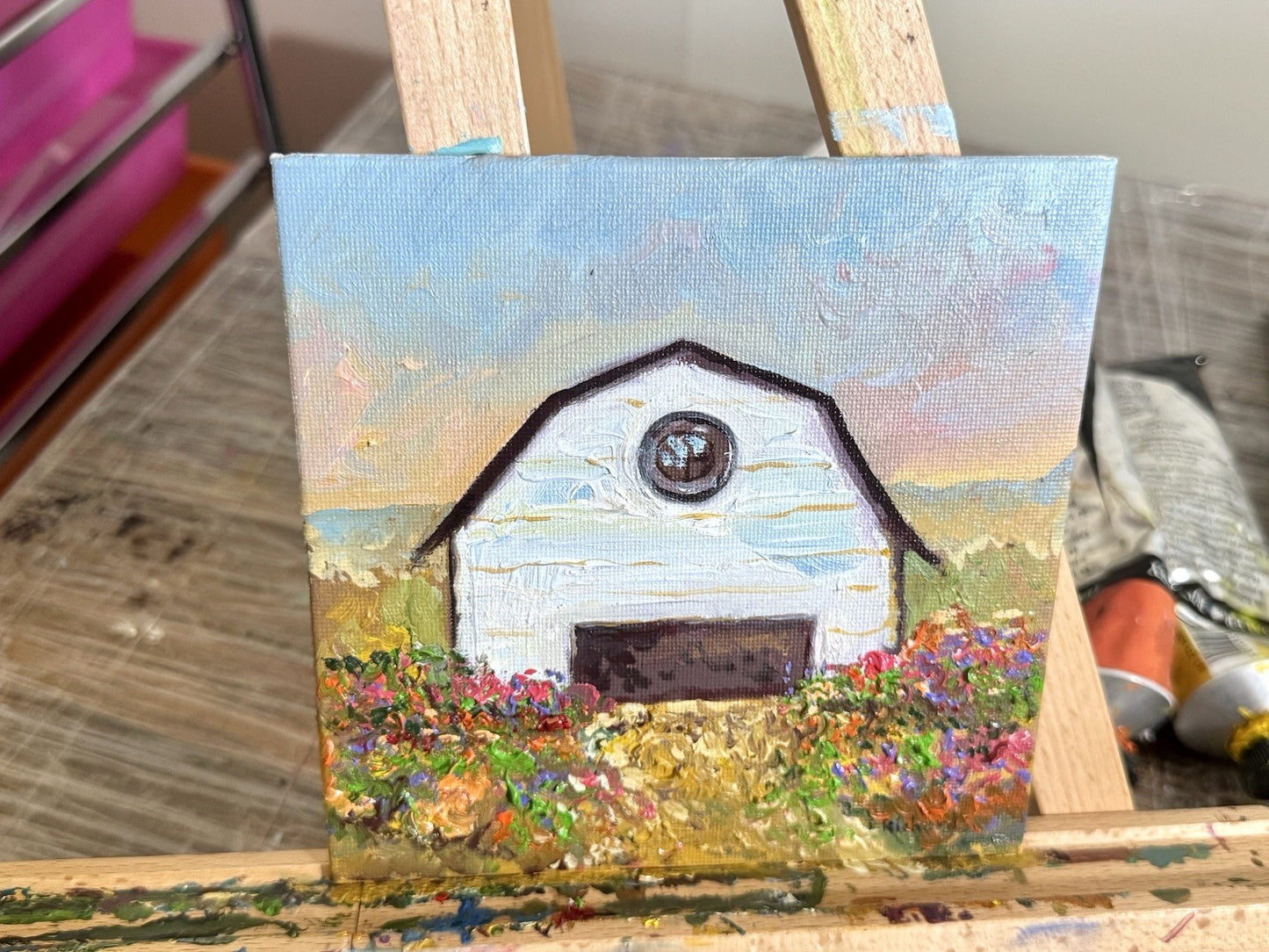 Farmhouse Oil painting ORIGINAL art Cottage House Flower Garden landscape 6x6