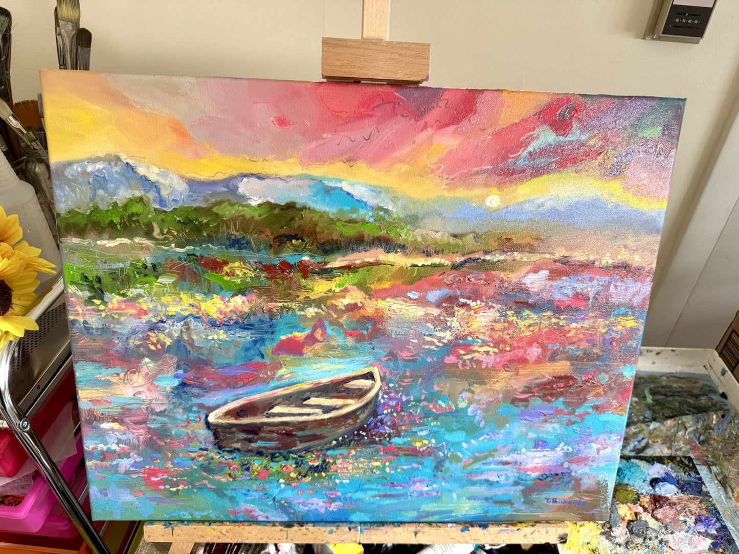 Boat oil painting ORIGINAL art Landscape Lake River Ocean Seascape Sunset 16x20