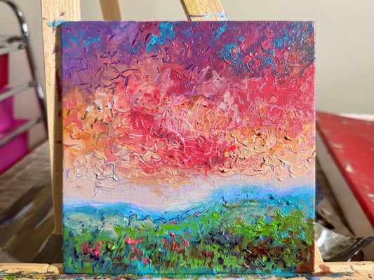 Oil painting ORIGINAL art Landscape sunset Sky Cloud wildflower field Floral 6x6