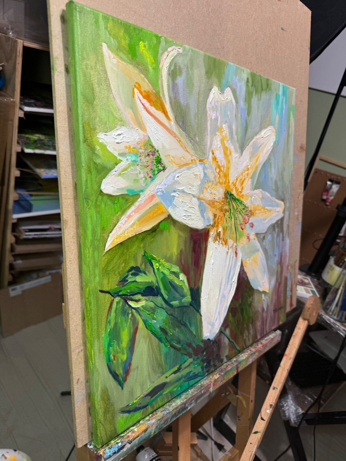 ORIGINAL oil painting White lily Flower wall art Lilies floral artwork 20x20"