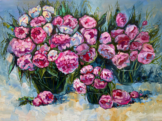 Peony oil painting, original art, 36x48 Extra large floral art, oversized over couch wall decor, romantic botanical artwork