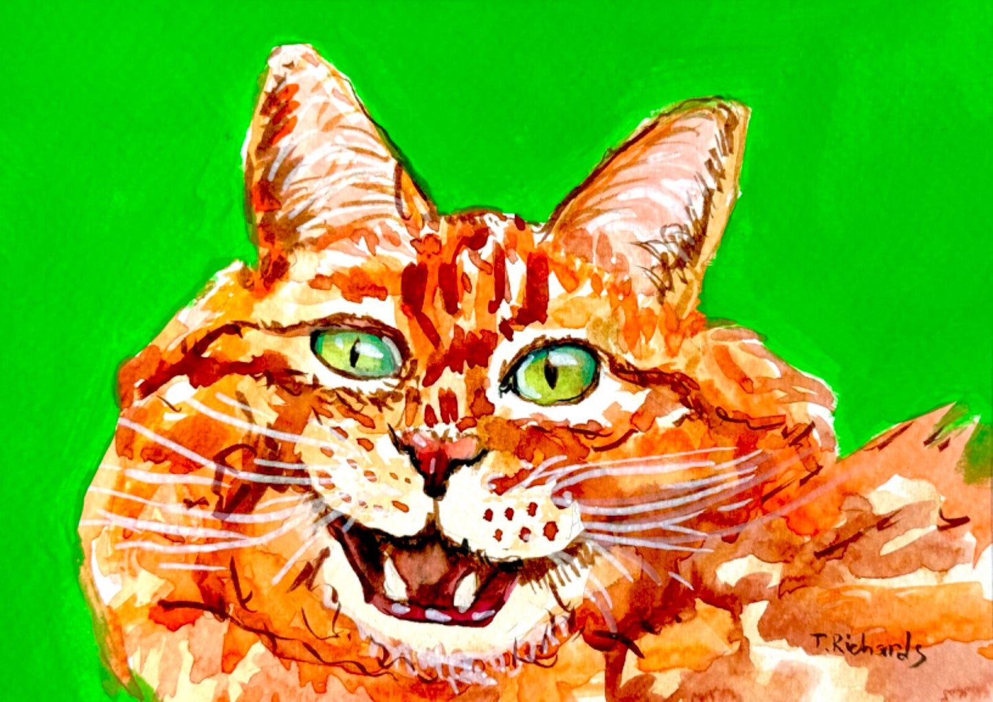 ORIGINAL Art WATERCOLOR Painting Red tabby cat Pet animal portrait Artwork 5x7"