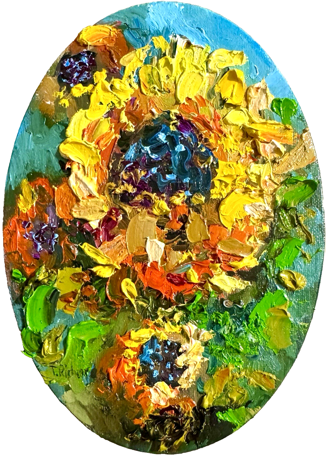 ORIGINAL Art oil painting Sunflower Flower Wall Art floral Oval Canvas 5x7"