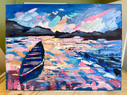 Oil painting ORIGINAL art Boat seascape ocean marine artwork lake sunrise 12x16"