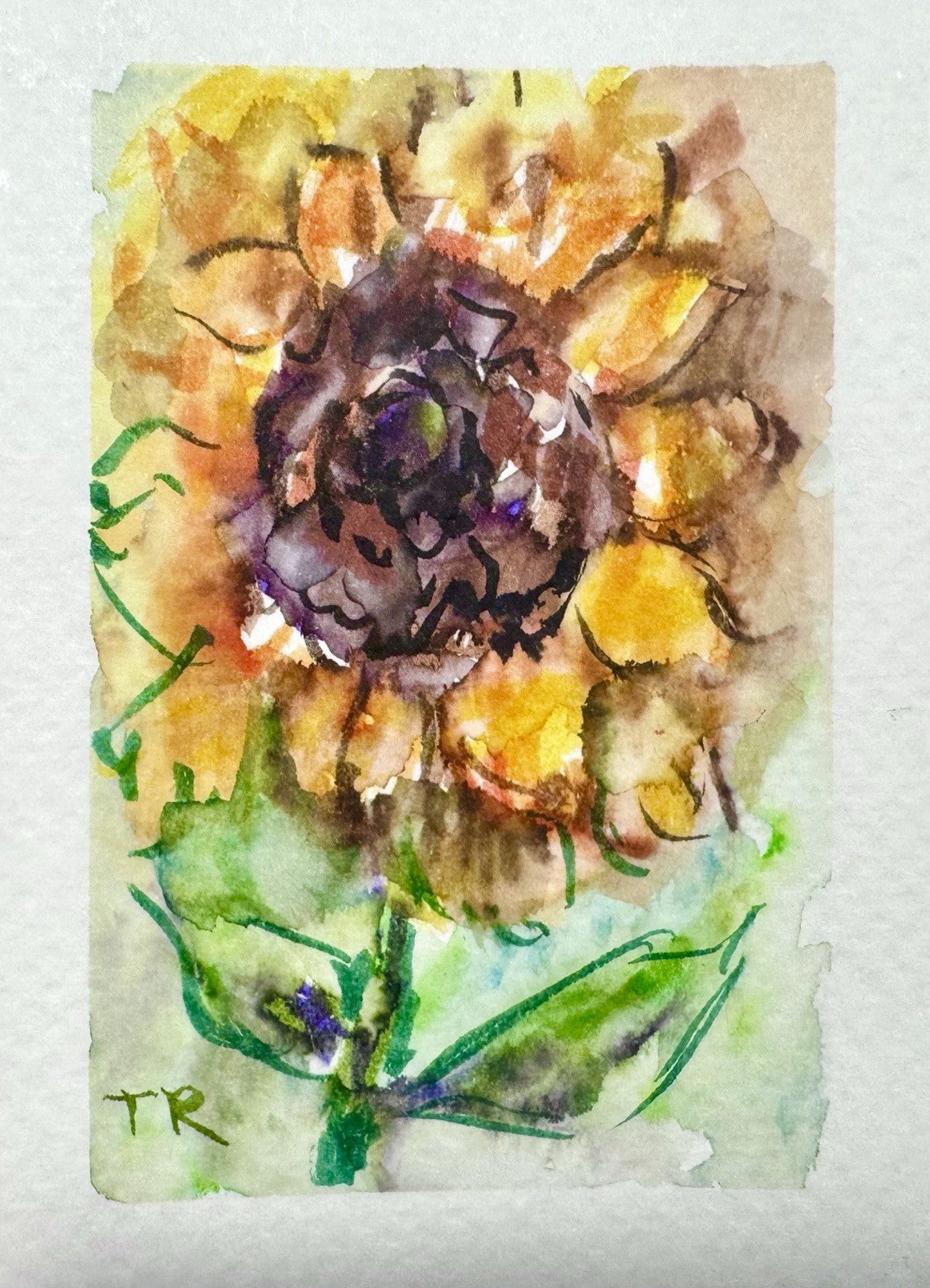 ACEO Watercolor Sunflower ORIGINAL Art ATC Painting Flower Floral Mini 2.5x3.5