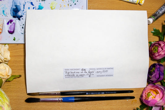 Watercolor painting ORIGINAL art Highland cow landscape 6x9"