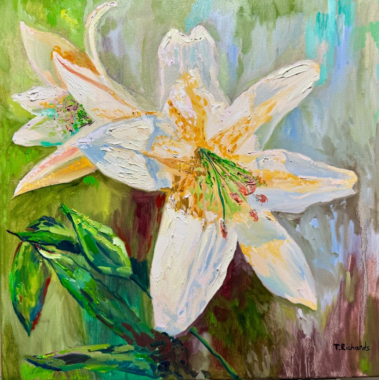 ORIGINAL oil painting White lily Flower wall art Lilies floral artwork 20x20"