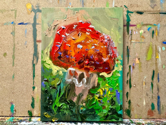 Red mushroom Oil painting ORIGINAL art Fly agaric Amanita forest artwork 5x7