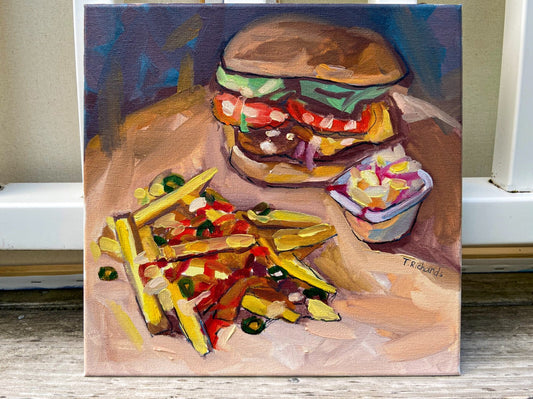 Oil painting ORIGINAL art Burger wall art fast food fries artwork 12x12"