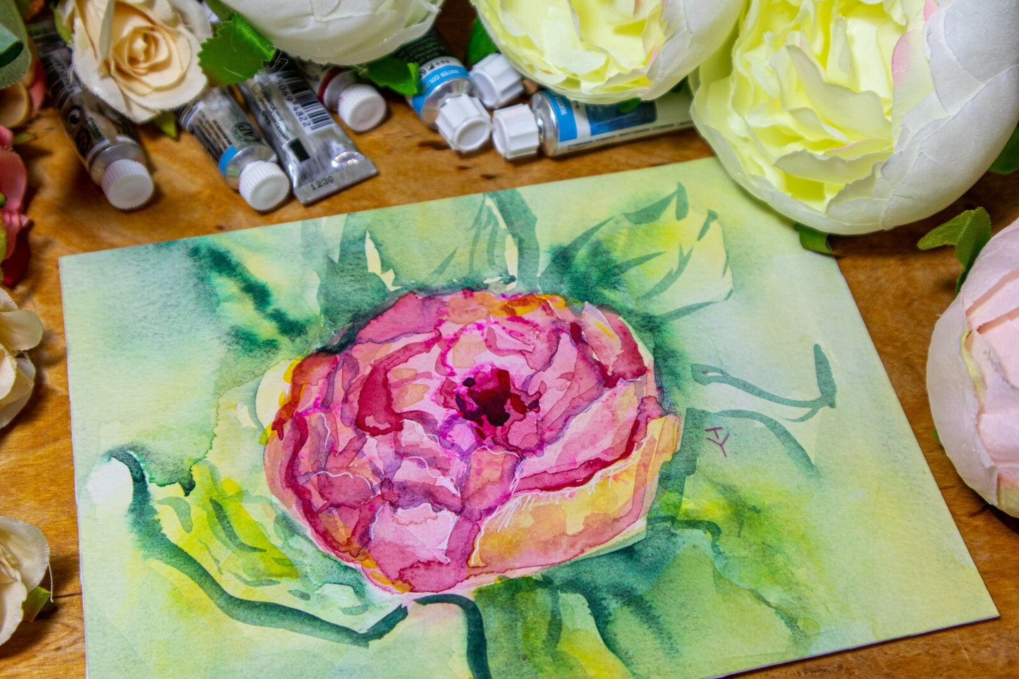 Watercolor painting ORIGINAL art Peony wall art Flower floral peonies 5x7"