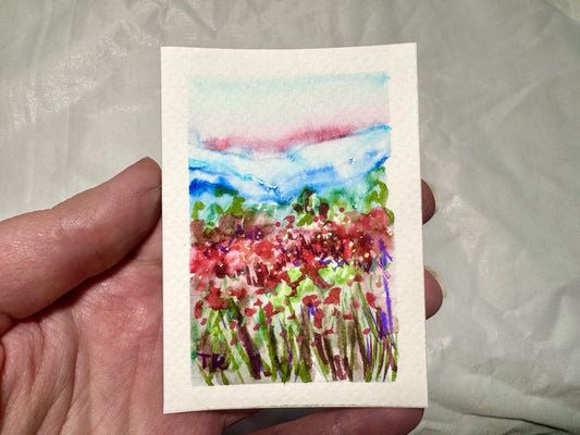 ACEO Watercolor Red California Poppy Landscape ORIGINAL Art ATC Painting 2.5x3.5