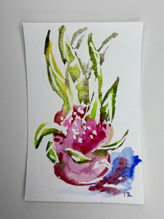 WATERCOLOR painting Dragon fruit ORIGINAL art Pitaya small artwork Food 4x6"