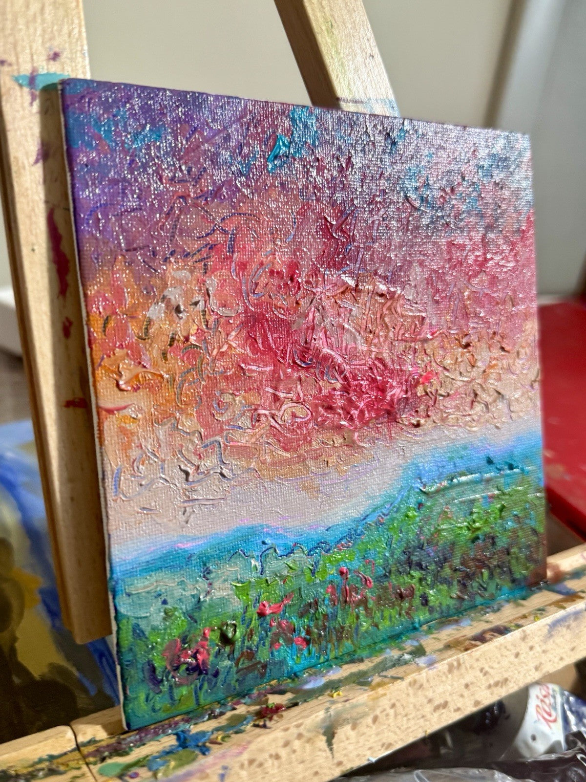 Oil painting ORIGINAL art Landscape sunset Sky Cloud wildflower field Floral 6x6