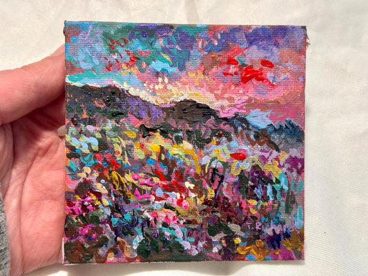 Wildflower field Original art Landscape flower floral Acrylic Painting 4x4”