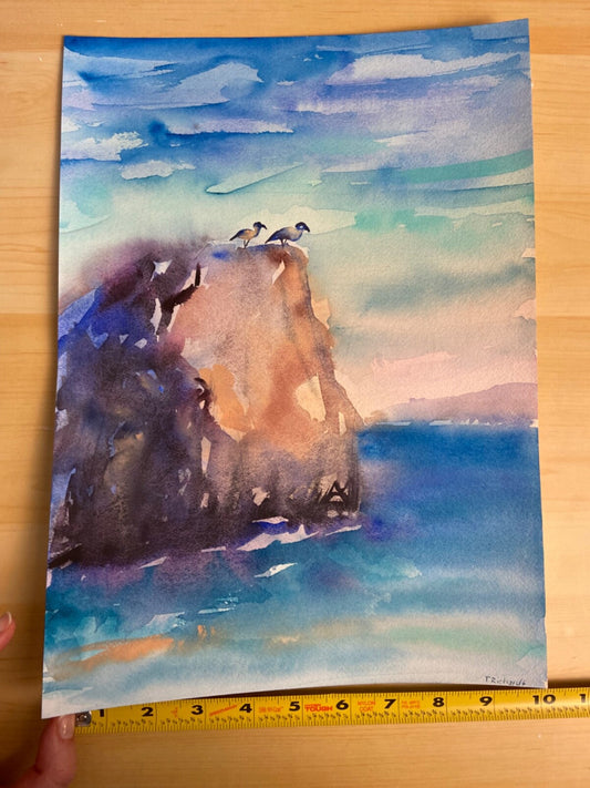 Watercolor painting ORIGINAL art Ocean cliff mountain landscape seascape 10x14"
