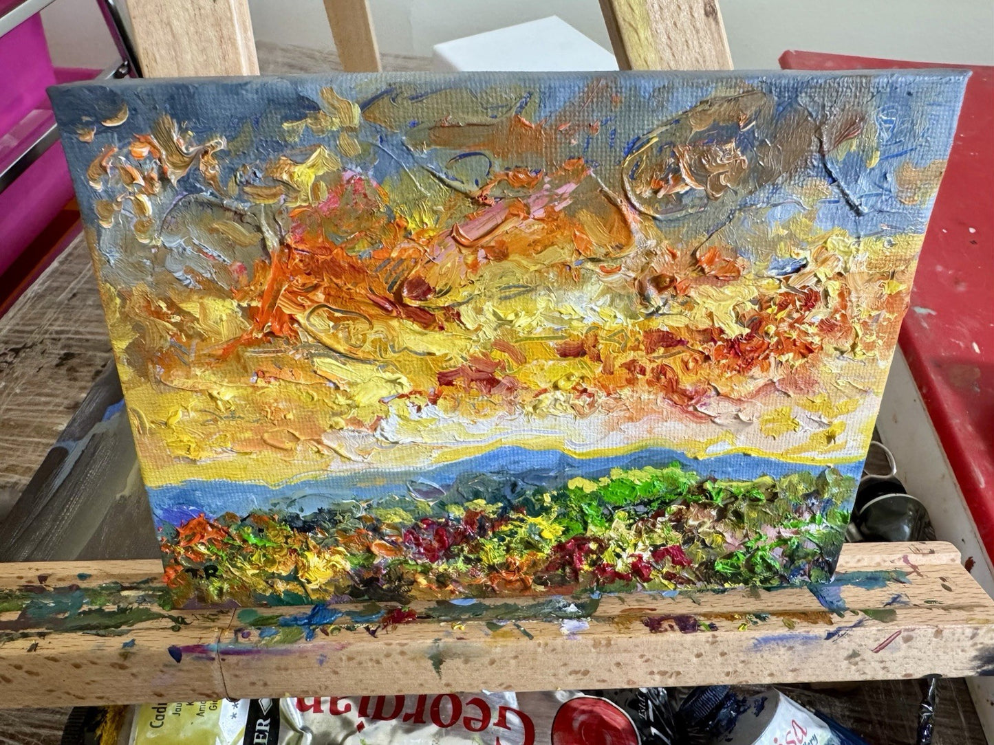 Wildflowers Oil painting ORIGINAL art Sunset floral field Mountain Landscape 5x7