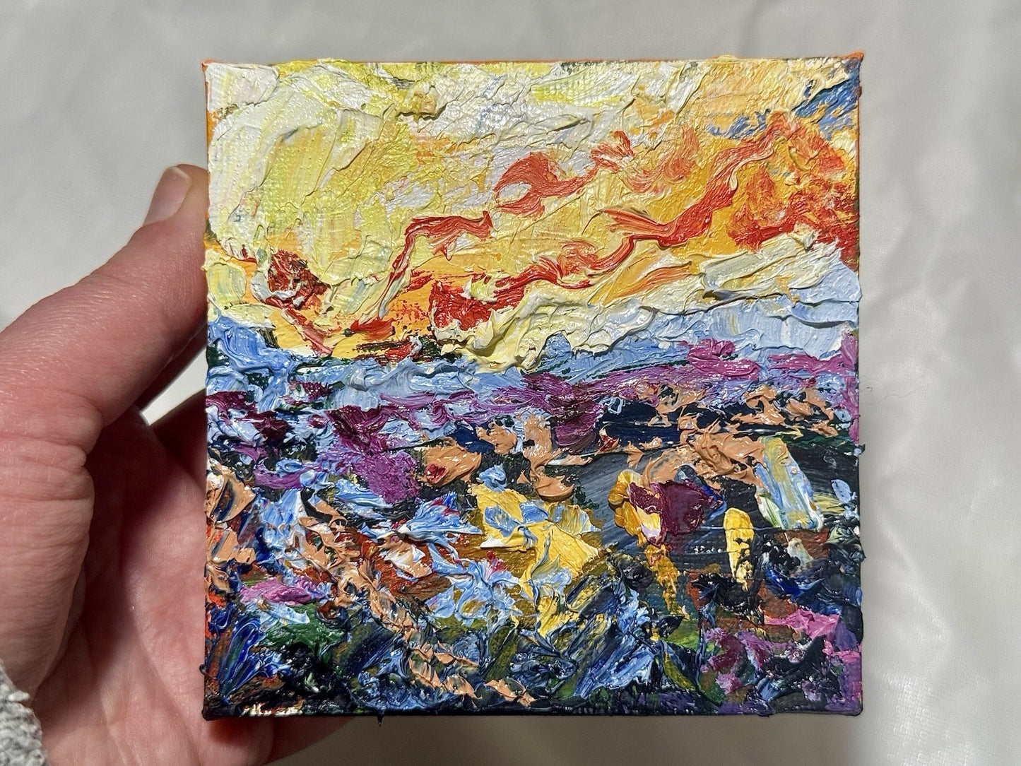 Oil painting ORIGINAL art Abstract Sunrise Wildflower Field Landscape Signed 4x4