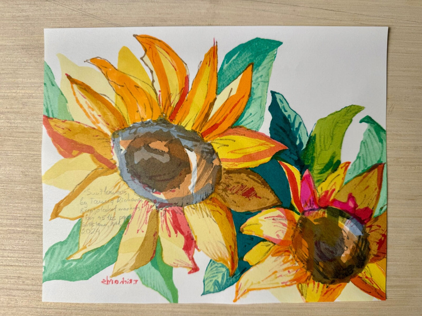 Sunflowers painting ORIGINAL art Flower floral Markers on thin paper signed 8x10