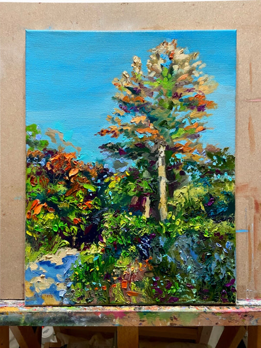 Oil painting ORIGINAL art Forest tree Goffstown Rail Trail Sky landscape 12x16”
