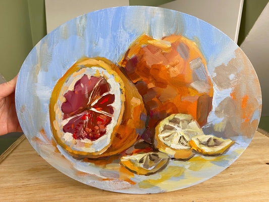 Oil painting ORIGINAL art Orange lemon fruit Citrus Oval artwork 11x14"