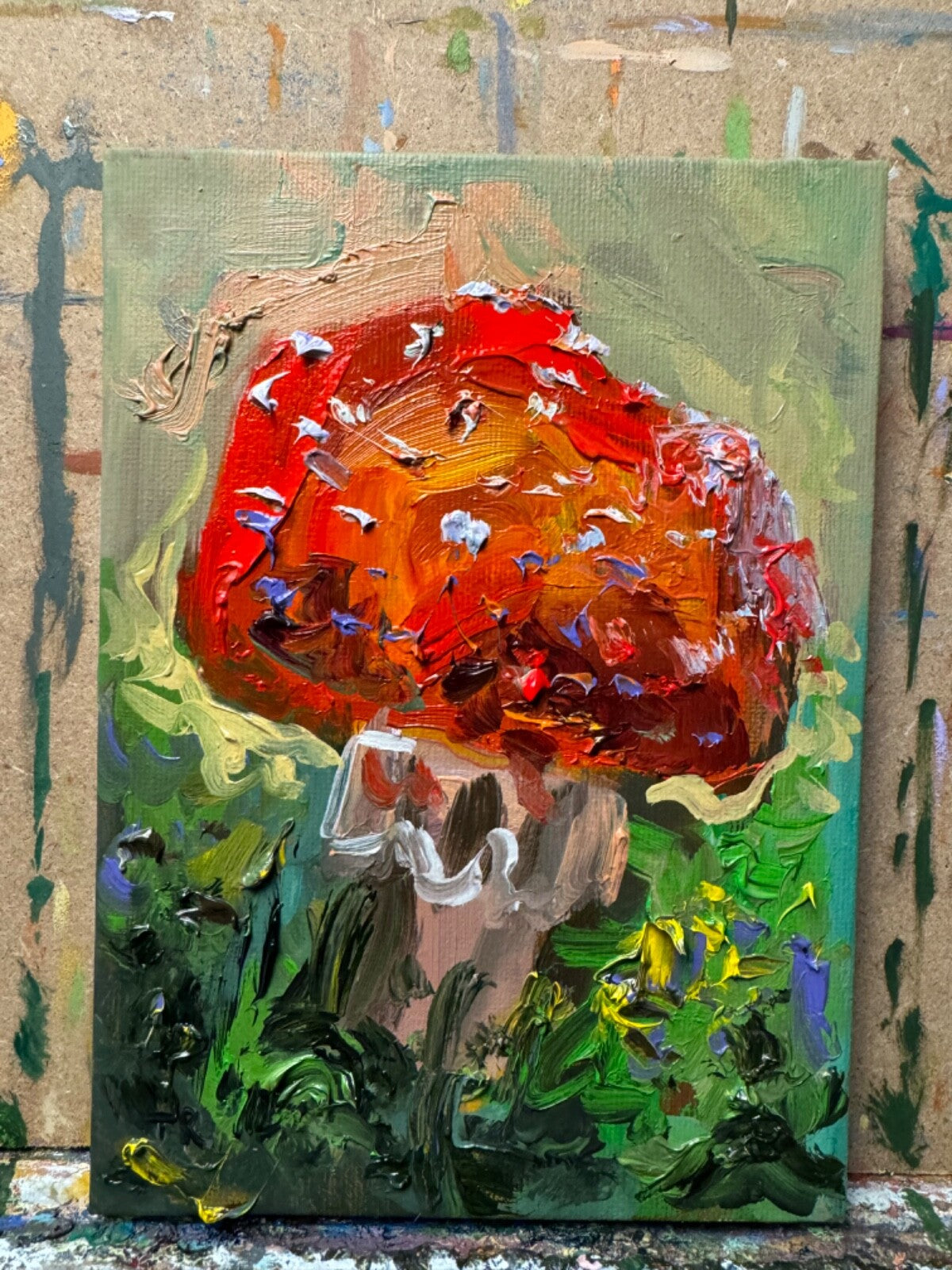 Red mushroom Oil painting ORIGINAL art Fly agaric Amanita forest artwork 5x7