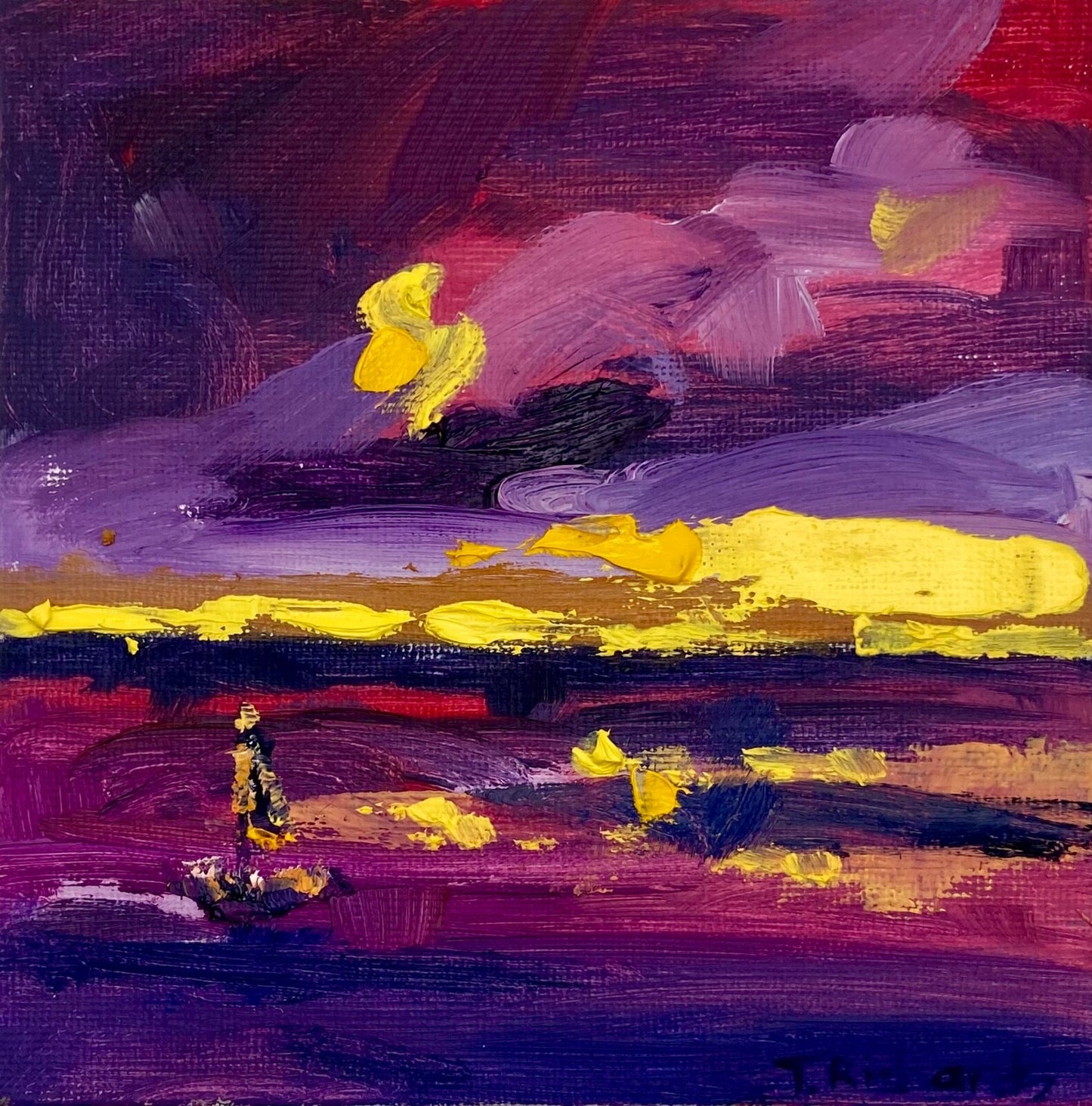 ORIGINAL oil painting Sailboat boat seascape artwork Nature night sky clouds 5x5