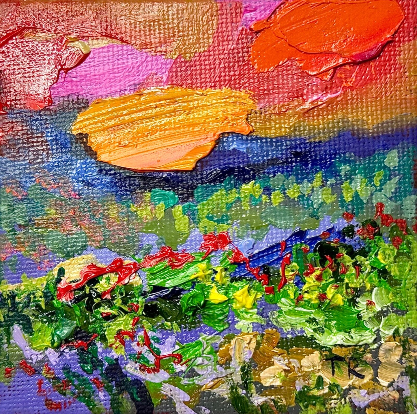 ORIGINAL oil painting Landscape artwork Meadow field wildflower Sunset art 3x3”