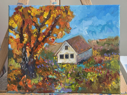 Oil painting ORIGINAL art Countryside Farmhouse artwork Fall landscape 8x10”