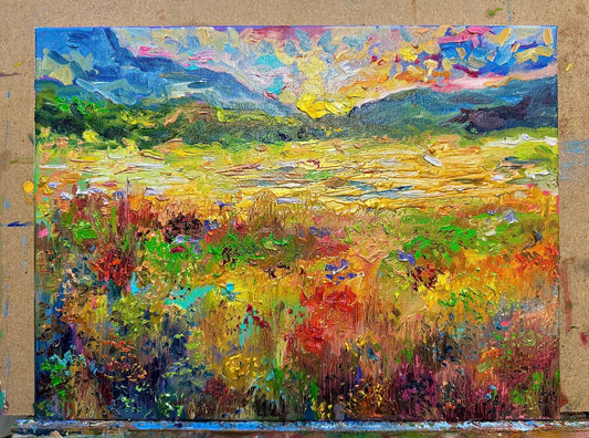 Oil painting ORIGINAL art Flower field landscape Meadow wildflower Mount 12x16"