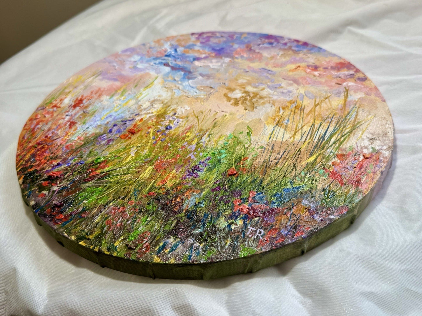 ORIGINAL art oil painting Floral meadow Flower field Round canvas artwork 11.5"