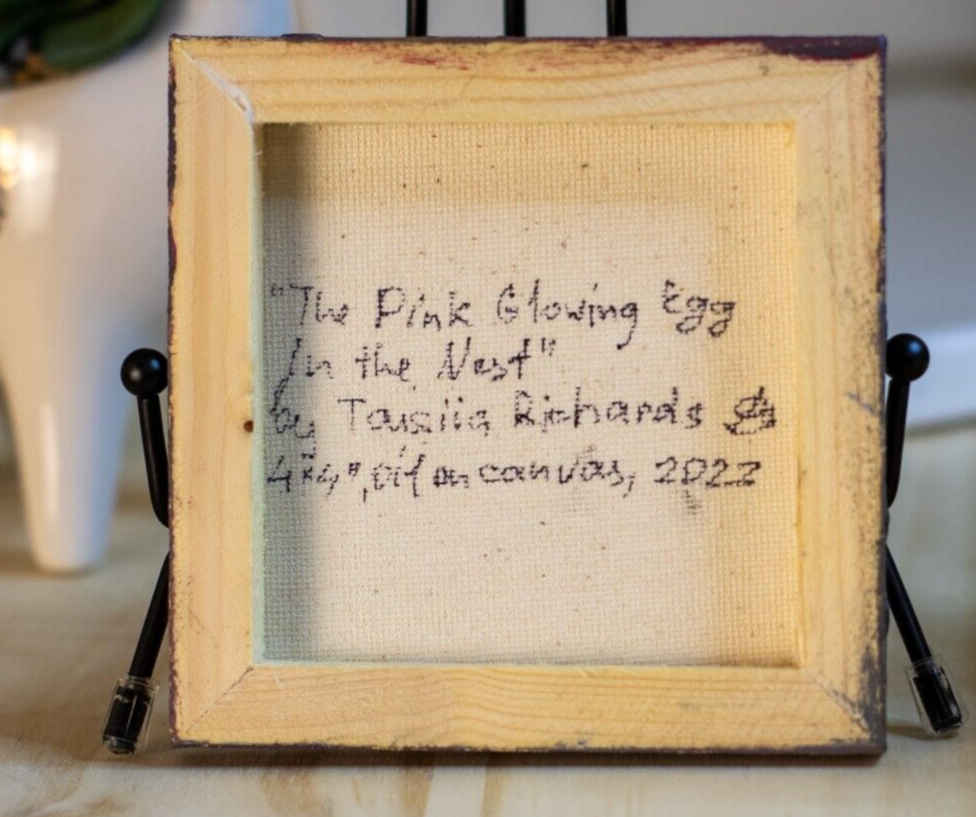 Oil painting on canvas ORIGINAL art Pink egg in nest Easter egg artwork 4x4"