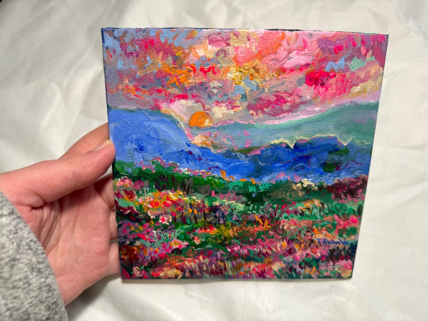 Acrylic painting ORIGINAL art Landscape sunset Mountain wildflower field 6x6