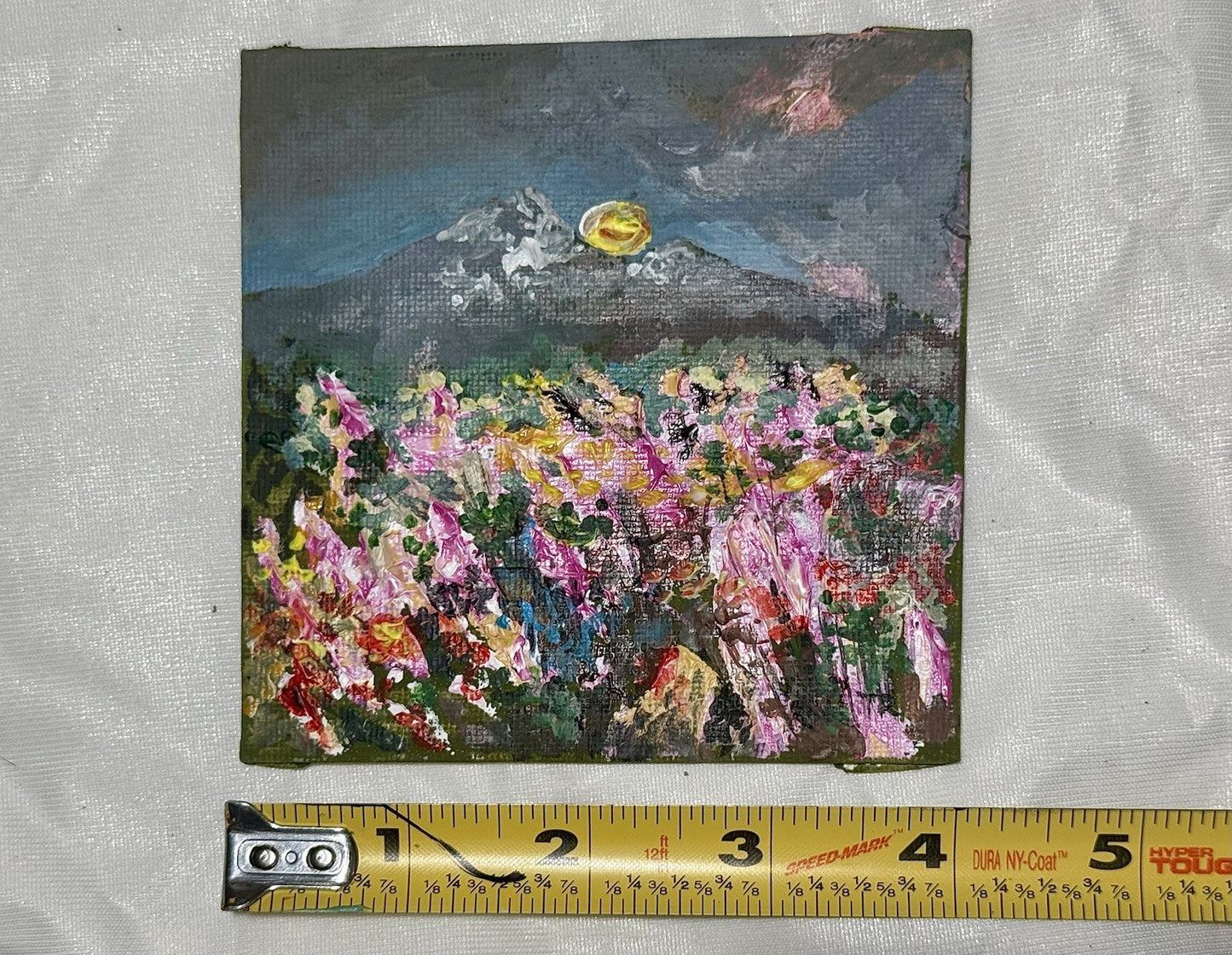 Wildflower field Original art Landscape Mountain NH floral Acrylic Painting 4x4”