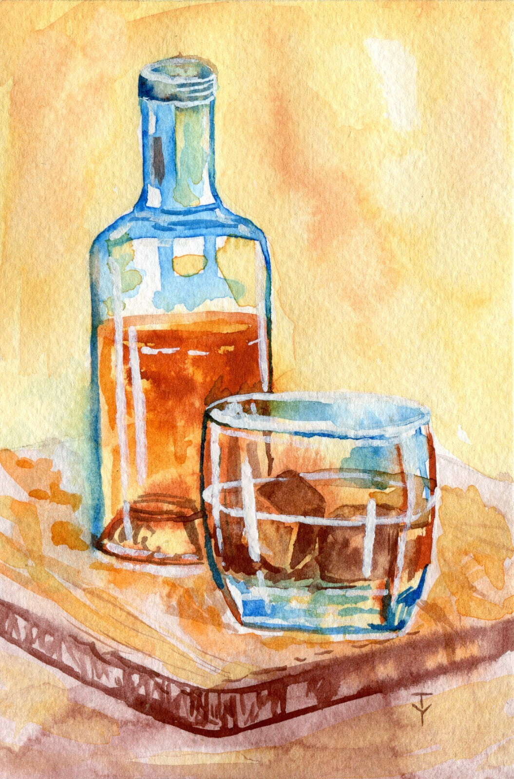 WATERCOLOR Painting ORIGINAL Art Bourbon Drink Whiskey Cocktail Bottle 4x6"